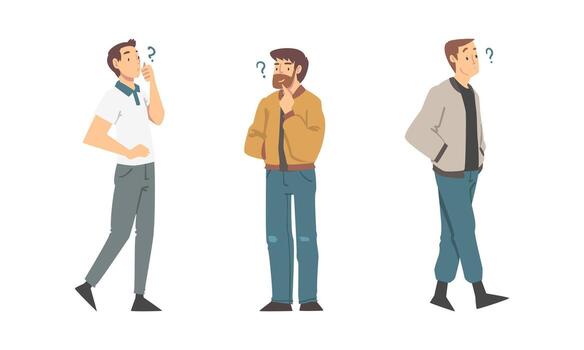 Thoughtful Man Character and Question Mark Thinking Over the Matter Illustration Set vector