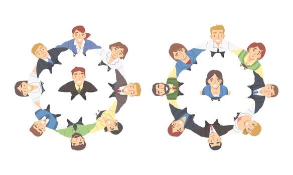 Smiling Business People Characters Embracing Arranging Circle Looking Up Above View Illustration Set vector