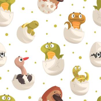 Chick and Reptile Hatching from Eggs Seamless Pattern vector