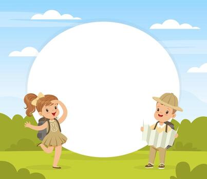 Little Boy and Girl Scout at Summer Camp with Backpack and Map with Empty Round Shape Template vector