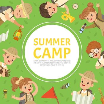 Little Boy and Girl Scout at Summer Camp with Backpack and Map and Round Text Shape Template vector