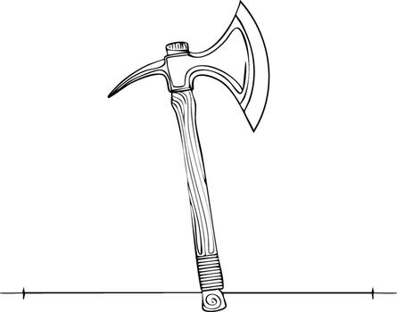 Medieval Axe with Wooden Handle, Line Art Illustration, Outlined Sharp Edge, Isolated on White Background vector