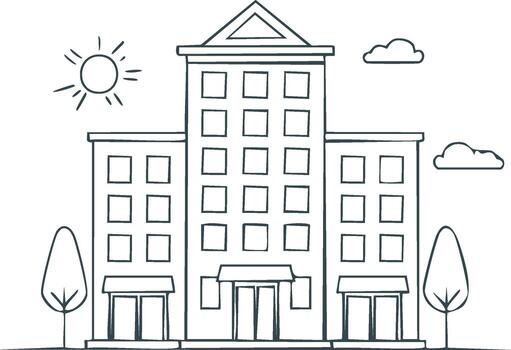 Minimalist building illustration with sun, clouds and trees. sketch vector