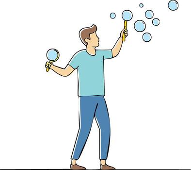 hombre soplo jabón burbujas con dos varitas ilustración vector