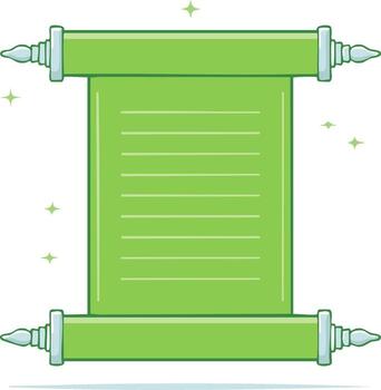 Unfurled green scroll with decorative finials and sparkling details, displaying lines for text or message vector