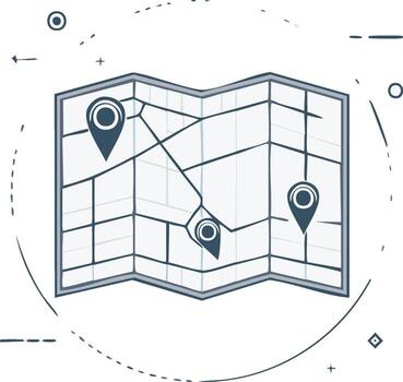 Folded street map illustration with multiple location pin markers for navigation and travel planning vector