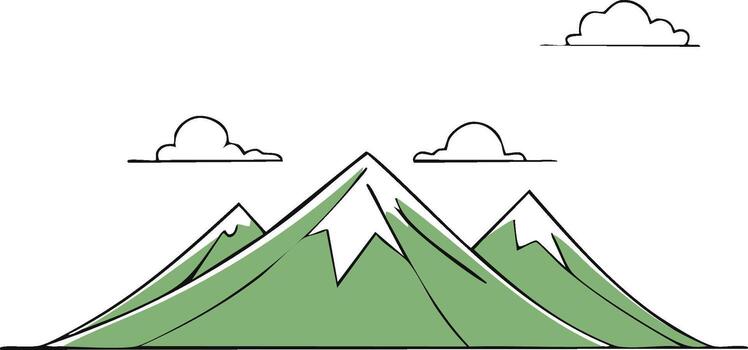 Minimalist green mountain range with snow capped peaks and clouds simple line art drawing vector
