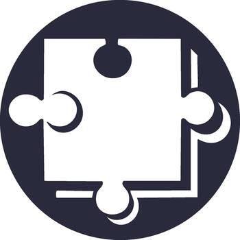 Abstract white jigsaw puzzle piece icon within a dark round frame symbolizing connection and solution vector