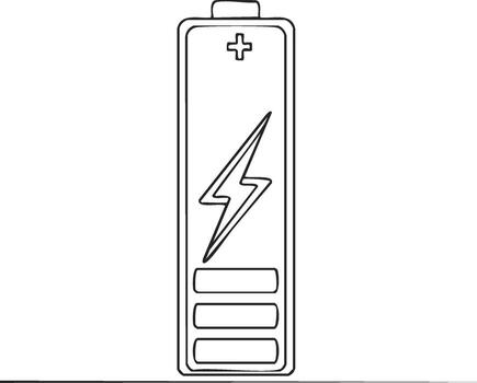 One line drawing of a charging battery with a lightning bolt symbol and level indicator icon vector
