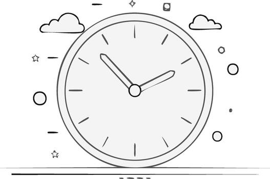 Minimalist analog clock with clouds and stars drawing vector