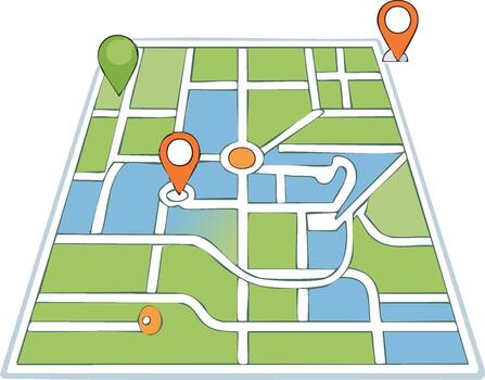 Colorful stylized city map with multiple location pins showing routes and destinations vector