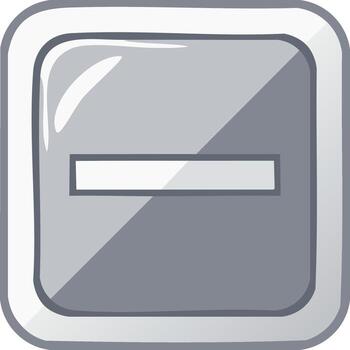 Cartoon square button design with minus sign, grey color with glossy finish and shadows. vector