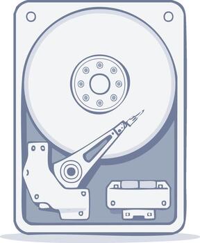 Stylized illustration of an open hard disk drive with read write head and platter visible vector