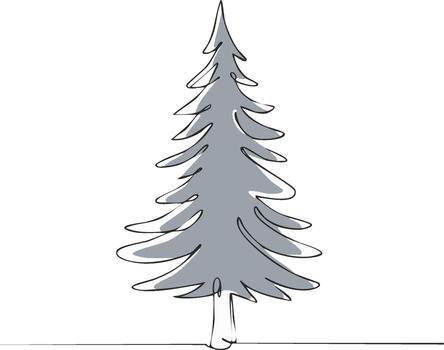 Elegant continuous line art drawing of a stylized fir tree with a soft grey fill for modern design vector