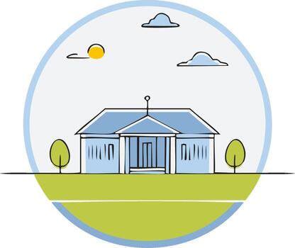 Minimalist drawing of a blue toned classical building with columns and a pitched roof under a sunny sky with clouds. vector