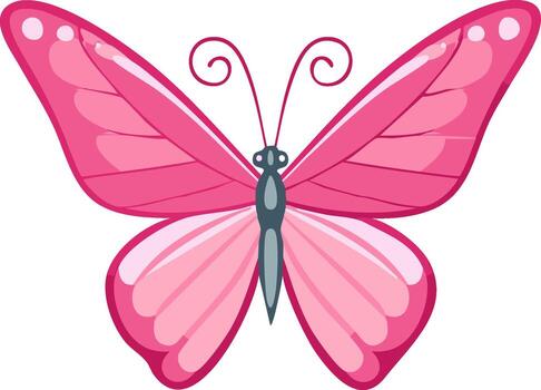 Pink butterfly with delicate wing patterns and curling antennae in cartoon style vector