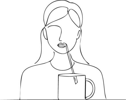 continuo línea Arte de un mujer Bebiendo desde un jarra con un Paja vector