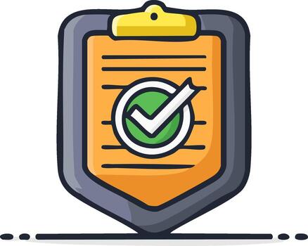 Clipboard document with shield outline and green checkmark indicating approval vector