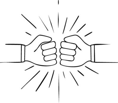 Two hands making a fist bump gesture with radiating lines in a sketch style vector