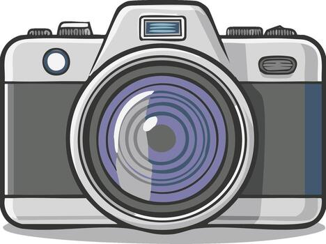 Clean illustration of a professional digital camera with a large lens and flash unit for photography vector