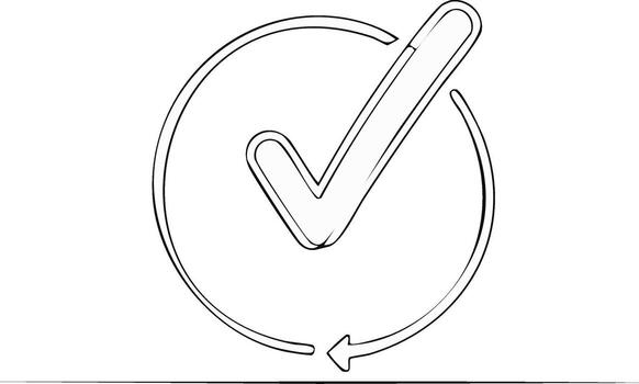 Continuous line art illustration of a checkmark within a circular refresh arrow vector