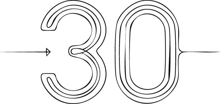 Minimalist art illustration of the number thirty with a line pointing to the left. vector