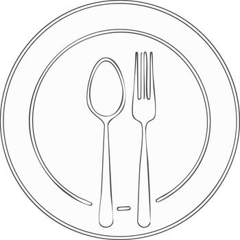 Outline icon of a plate with spoon and fork representing restaurant service and dining vector