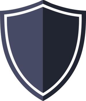 Modern flat design shield icon in dark blue with subtle shadow and white border, representing protection, security, and defense. vector