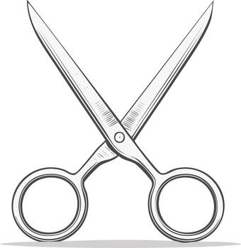 estilizado dibujo de un par de abierto tijeras con visible tornillo y manejas vector