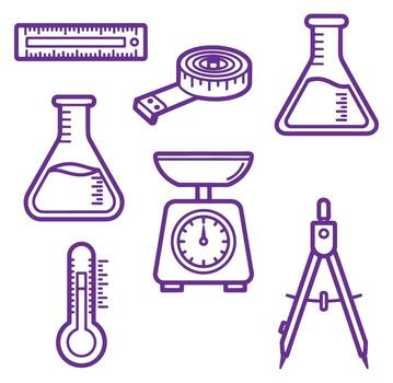 Purple line art illustration of science and measurement instruments and tools vector
