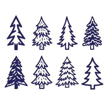 Collection of hand drawn christmas tree illustrations in a simple and artistic linear style vector