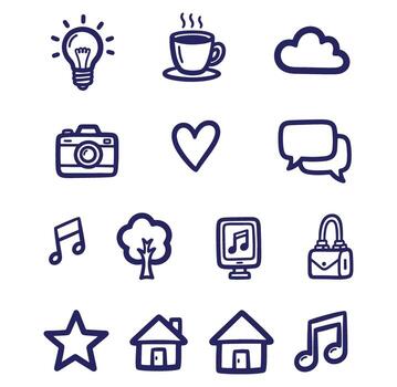 Set of hand drawn doodle icons with simple outlines representing various concepts vector
