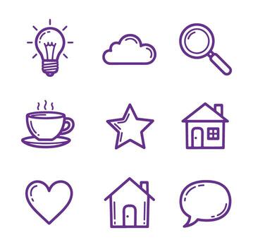 Simple hand drawn purple line icons representing common concepts and symbols for design projects vector