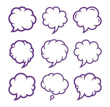 Nine purple speech bubbles isolated on white background representing communication and dialogue vector