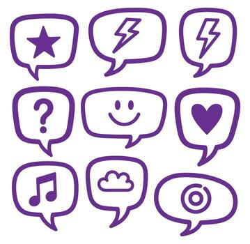 Purple speech bubbles with icons of various symbols for communication and expression vector