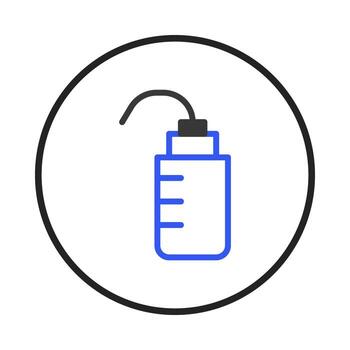 Stylized depiction of a lab squirt bottle icon set within a black circular border creates clear vector