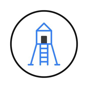 Stylized simplistic watchtower structure with ladder for observation inside dark border circle on vector