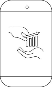 A phone screen displays hands manipulating a bar graph with an arrow pointing upwards vector