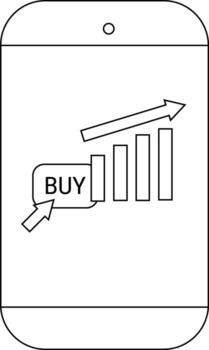 A phone screen showing a buy button a bar graph and an upwardpointing arrow vector