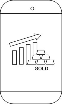 A smartphone displays a screen showing a gold bar graph with an upward arrow labeled GOLD vector