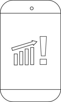 A smartphone shows a rising bar graph with an arrow next to an exclamation point vector