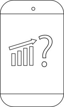 Black white drawing of a smartphone with a question mark rising graph on screen vector