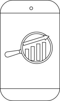 Smartphone screen displaying a magnifying glass focused on a rising bar graph with an arrow vector