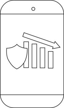 A cellphone displays a shield descending bars and a declining arrow vector