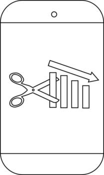 A phone displays a graph being cut by scissors with an arrow pointing downwards vector
