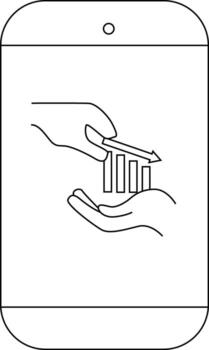 A phone screen displays hands and a downward trending bar graph with an arrow vector