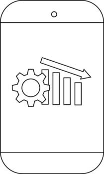un teléfono inteligente muestra un rueda dentada grafico barras decreciente y un flecha señalando hacia abajo vector