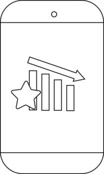 A smartphone displays a bar graph with a star icon and a descending arrow indicating negative ratings vector
