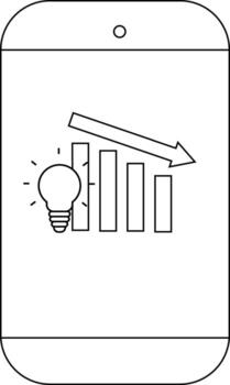 A smartphone displays a descending bar graph a lightbulb and a downwardpointing arrow vector