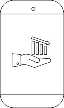A smartphone displays a hand holding a declining bar graph with a downward arrow indicating loss or decline vector